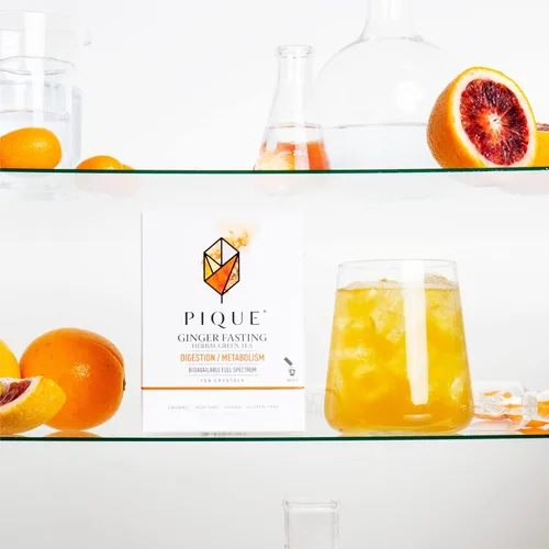 Vista 5 de Pique Cristales de té de jengibre orgánico en ayunas, apoyo digestivo, metabolismo saludable, té verde con cafeína para energía, 28 palitos