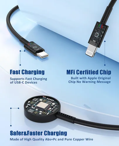 Vista 6 de Cargador para Apple Watch de carga rápida, cable de carga múltiple 3 en 1 con cargador USB C de 20 W, cable de carga iWatch de 6 pies para iWatch