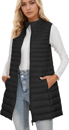 Vista 4 de ELFJOY Chaleco largo acolchado para mujer, chaleco de plumón largo ultraligero con cuello alto, chalecos negros para mujer, ropa de abrigo