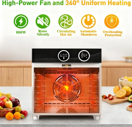 Vista 3 de Food Dehydrator Fruit Dryer Machine, Adjustable Temperature & 12H Timer Dehydrator Machine with 8 Stainless Steel Trays, 800W Jerky Dehydrator for
