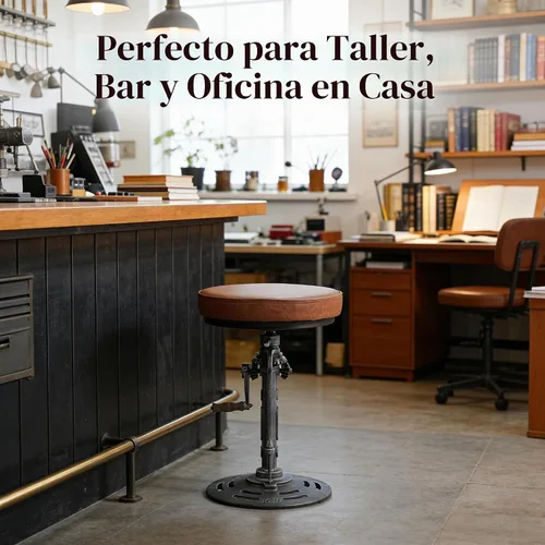 Vista 4 de LOKKHAN Taburete de bar industrial vintage estilo steampunk americano, estilo retro, base de hierro fundido giratoria, parte superior de cuero