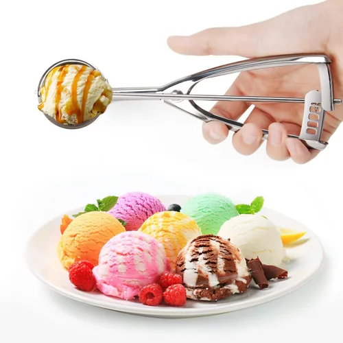 Vista 3 de Juego de 3 cucharas de galletas para hornear – Cuchara de helado de acero inoxidable – Cuchara de helado con liberación de gatillo para melón Baller