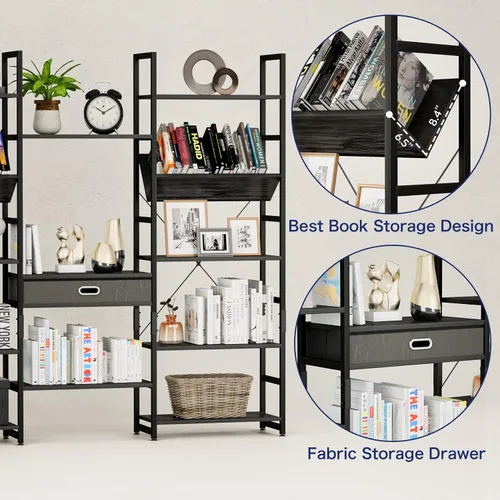 Vista 6 de NUMENN Estantería Triple Ancha de 5 Niveles, Estantes de Libros Ajustables de Estilo Industrial Rústico, Librerías y Estanterías Modernas Muebles