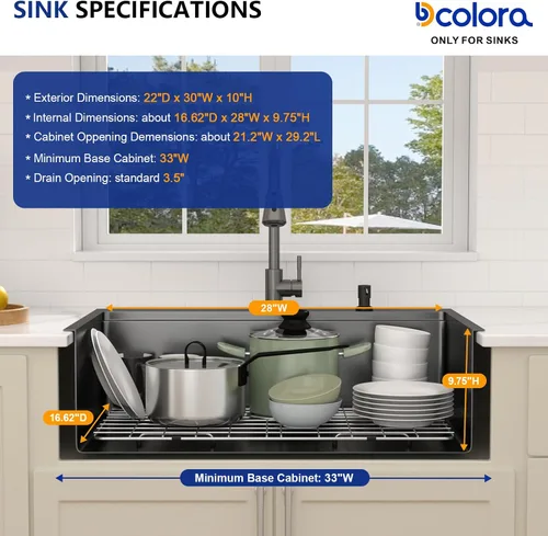 Vista 9 de Dcolora - Fregadero de cocina negro de 30 pulgadas, de montaje superior, con grifo, estación de trabajo de acero inoxidable, cuenco individual