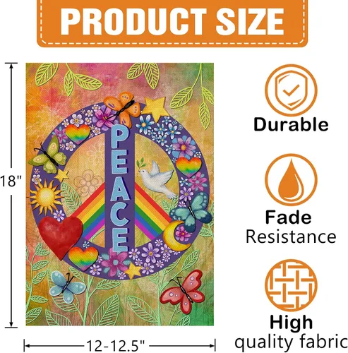 Vista 2 de Dyrenson World Peace Love - Bandera decorativa para jardín, doble cara, arco iris, mes del orgullo, arpillera para patio, decoración exterior
