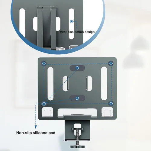 Vista 8 de Soporte para computadora portátil para escritorio, soporte de brazo para tableta con rotación de 360°, bandeja de aluminio ajustable para laptop
