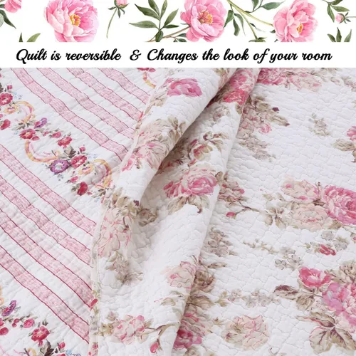 Vista 4 de Juego de ropa de cama edredón de algodón de 3 piezas tamaño Queen, estilo cottage romántico con peonías rosa melocotón shabby chic chintz floral a
