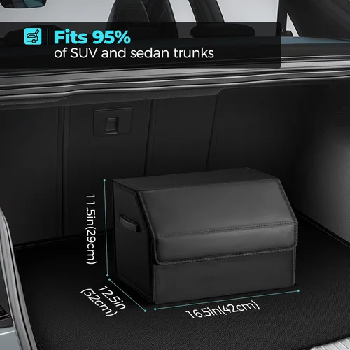 Vista 2 de Fyzeoty Organizadores de coche para maletero para SUV Sedán, caja de almacenamiento de cuero, tapa magnética, plegable y ajustable, 16.5 pulgadas