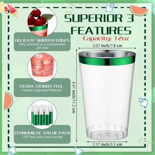 Vista 2 de Patelai 100 piezas de vasos de plástico verdes de 12 onzas, vasos de plástico con borde verde resistentes, vasos desechables para vino, vasos
