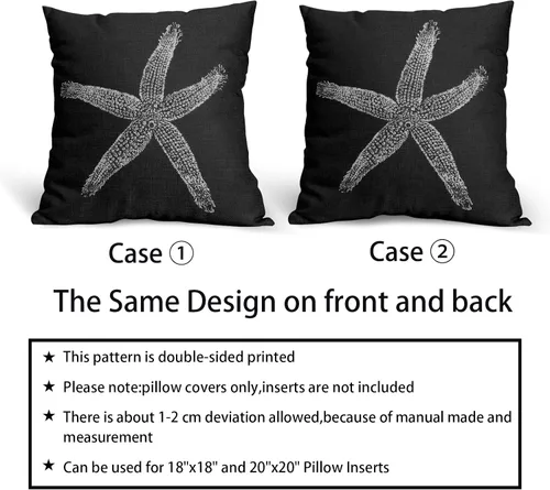 Vista 6 de Sweetshow Juego de 2 fundas de almohada cuadradas de lino con estrellas de mar negras de 16 x 16 pulgadas, decoración náutica costera de playa