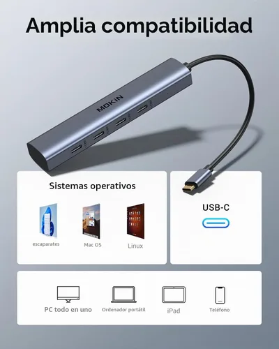 Vista 5 de Hub USB C, divisor USBC de 10Gbps para portátil, adaptador multipuerto de 4 puertos USB C a USBC para MacBook Pro/Air, iPad, teléfono, Surface Pro