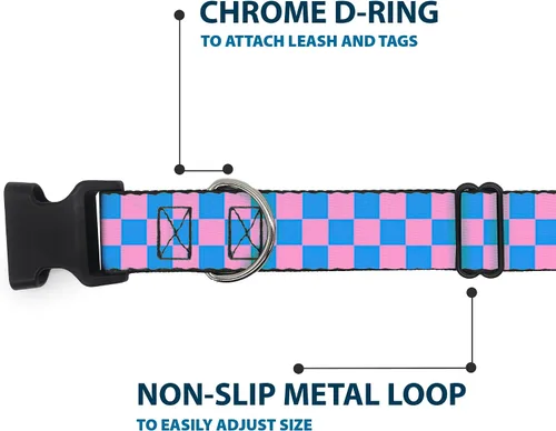 Vista 5 de Collar de clip de plástico BUCKLE-DOWN Checker – Color Negro/Rosa – 1/2" de ancho – Compatible con cuello de 9 – 15" – grande