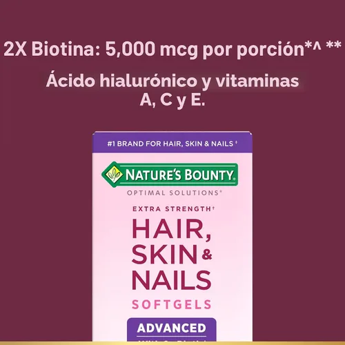 Vista 3 de Nature's Bounty Cabello, Piel y Uñas Avanzado, Suplemento Vitamínico con Infusión de Argán con Biotina y Ácido Hialurónico, 150 Cápsulas Blandas