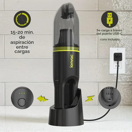 Vista 2 de DCLINA IonVac - Aspiradora inalámbrica de mano, ligera, carga USB, multisuperficie (verde)