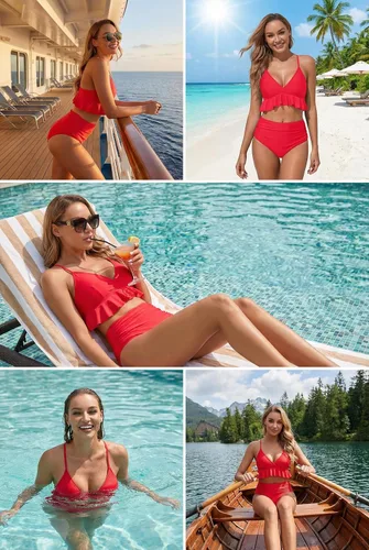 Vista 2 de Tempt Me - Traje de baño de dos piezas para mujer, bikini de cintura alta con volantes y control de abdomen Rojo neón
