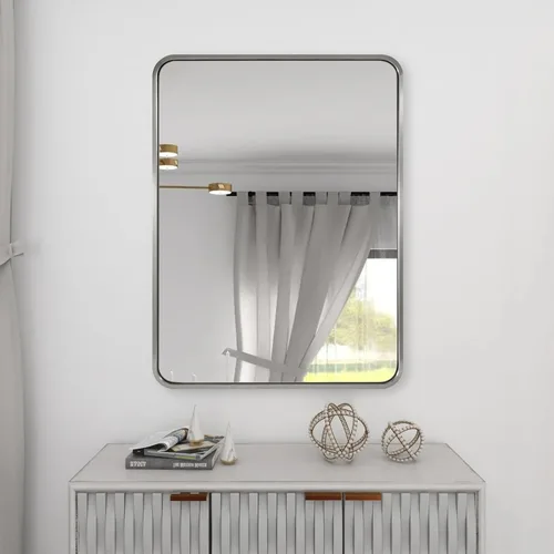 Vista 64 de Espejo de latón para baño, espejo rectangular redondeado de 22x30 pulgadas con marco de metal cepillado dorado, espejo de tocador de baño sin