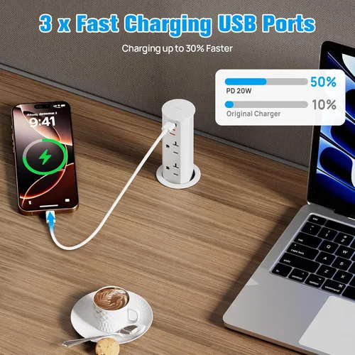 Vista 3 de ANNQUAN 2" 20A Pop Up Outlet para Encimera 20W Puertos USB 2 Salida Blanco