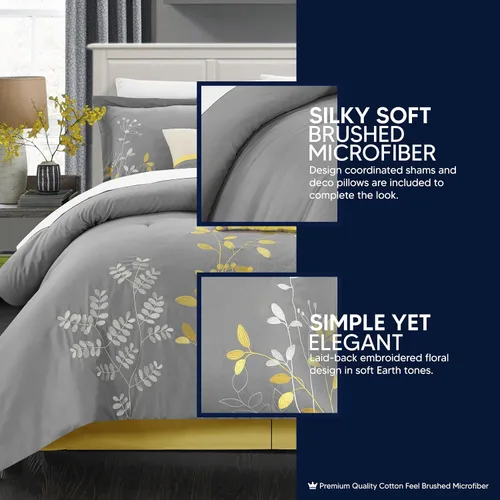 Vista 3 de Chic Home, set de cama de 8 unidades, colcha bordada con diseño floral., Microfibra, Amarillo, King