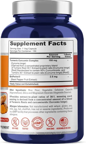 Vista 2 de NusaPure Cápsulas complejas de curcumina de cúrcuma, 150 mg, 150 cápsulas vegetales (sin gluten, sin OMG)