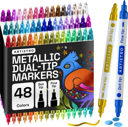 Vista 10 de ARTISTRO 5 marcadores negros de pintura acrílica de doble punta, juego de bolígrafos de pintura con puntos y puntas finas para tela, rocas, vidrio