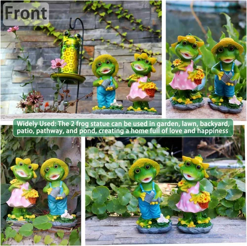 Vista 2 de 2 estatuas de pareja de ranas – Divertida estatua de rana para decoración del hogar, jardín, patio, regalo para los amantes de la jardinería