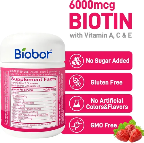 Vista 2 de Biobor Gomitas para el cabello, piel y uñas, 6000 mcg de biotina
