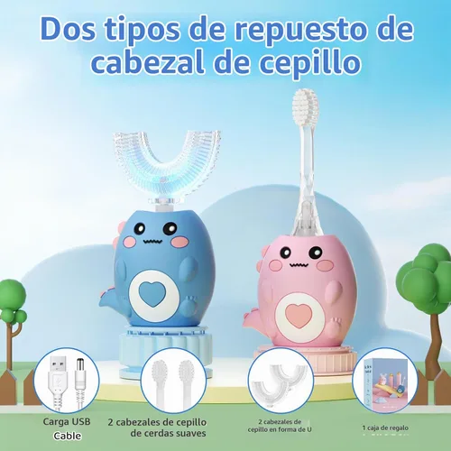 Vista 4 de Cepillo de dientes eléctrico en forma de U para niños, con 3 modos de limpieza, con 4 cabezales de cepillo, cepillo de dientes automático sónico