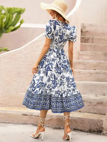 Vista 2 de SHENHE Vestido de verano para mujer, con cuello en V, manga abombada, dobladillo con volantes, línea A