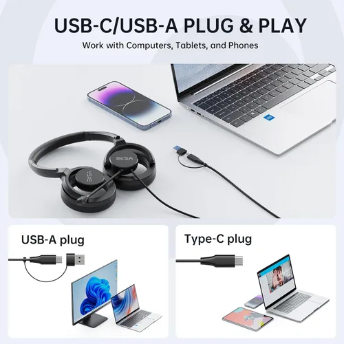 Vista 4 de EKSA H27 Auriculares USB para computadora con micrófono para trabajo, auriculares de PC con micrófono de cancelación de ruido, auriculares con cable