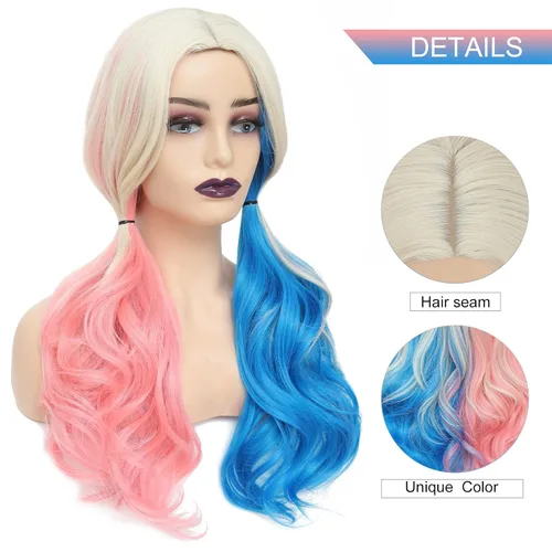 Vista 3 de AISI QUEENS Peluca Harley Quinn para niñas, peluca Harley Quinn de Halloween, peluca de payaso para mujer, peluca rosa y azul para mujer, uso diario