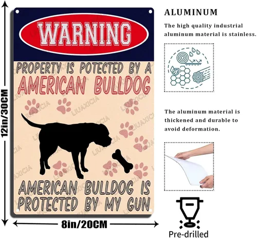 Vista 2 de LIUAXICIA Letreros divertidos de metal con texto en inglés "Warning Property is Potected by A American Bulldog is Protected by My Gun" The Coffee