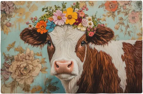 Vista 14 de Juego de 6 manteles individuales de vaca de granja, lavables, diseño floral de vaca de primavera, resistentes al calor, de algodón, lino, para mesa