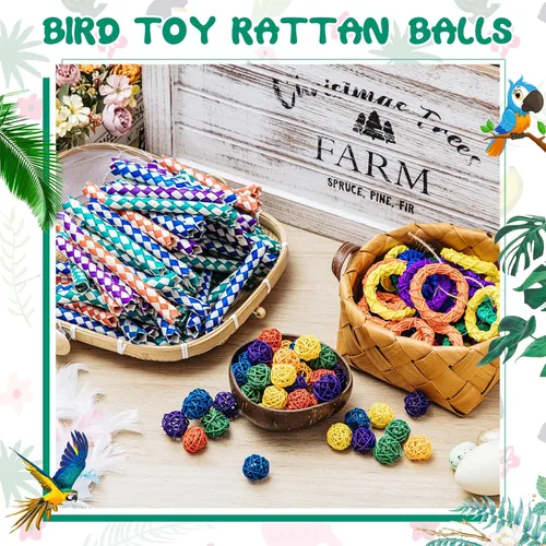 Vista 3 de Hiboom 200 juguetes para pájaros: 100 trampas para dedos, 60 bolas de ratán, 40 anillos de vid, bolas de mimbre de loro, cacatúas y periquitos