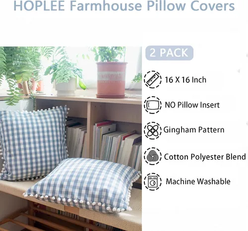Vista 3 de HOPLEE Juego de 2 fundas de almohada de granja con pompones para decoración del hogar, 16 x 16 pulgadas, color azul claro