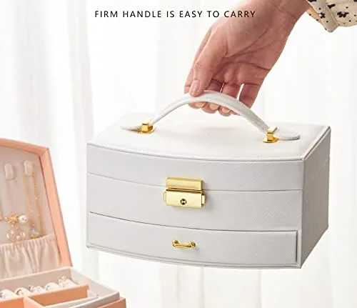 Vista 4 de The Jewellery Pak Caja organizadora de joyas de lujo de color blanco, espejo de piel sintética de alta calidad, exterior de terciopelo suave al