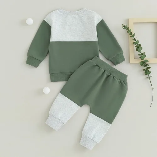 Vista 4 de Conjunto de 2 piezas para bebés, niños y niñas, sudadera con bloques de color y pantalones deportivos, ropa de otoño e invierno