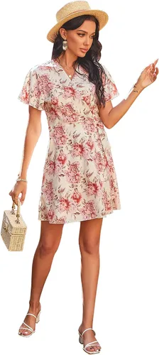 Vista 5 de Ayliss Vestidos de verano para mujer estilo casual manga corta cuello en V estampado floral vestido mini para fiesta en la playa