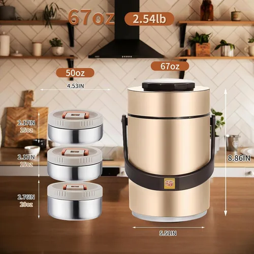 Vista 3 de Termo mejorado de 67 onzas para comida caliente, termo apilable de 3 capas, tarro de sopa con bolsa aislante, ideal para oficina, comidas al aire