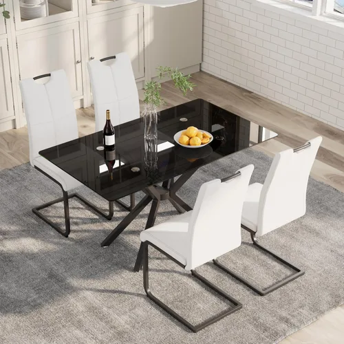 Vista 8 de 5-Piece 47" Dining Table with 4 PU Leather Chairs, Modern Dining Table Set for 4, Rectangle Black Top Kitchen Table with Black Metal Legs for Dining