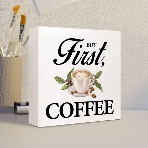 Vista 4 de Ruvoty Letrero de madera con texto en inglés «But First Coffee», decoración de escritorio, ideas de regalo para amantes, decoración de estación