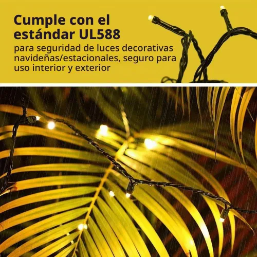 Vista 5 de Tira de luces de hadas de Navidad con cable negro de 33 pies, 100 luces LED Blanco cálido