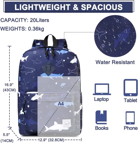 Vista 2 de VASCHY - Mochila ligera resistente al agua, mochila casual para hombres y niños, tiburón