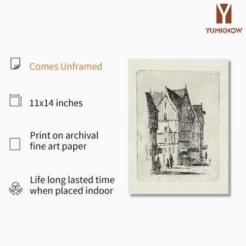 Vista 2 de Dibujo de Edificios de Ciudad en Estilo Rústico en Gris - Grabado de Arquitectura Urbana en Poster - Arte de Pared Vintage de Granja - Bosquejo Gris