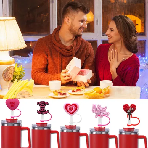 Vista 3 de 6 fundas para pajilla, 6 unidades, con diseño de corazón de silicona, para vasos con asa, protector de tapones a prueba de polvo, reutilizables
