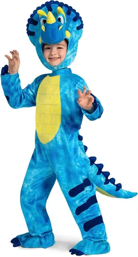Vista 7 de Spooktacular Creations Disfraz de triceratops para niños, disfraz de dinosaurio azul con huevo de felpa para niños, bebé, niño pequeño, mono
