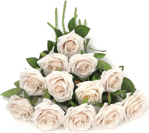 Vista 29 de LVEFIT 12 rosas artificiales de seda con tallo largo para bodas, despedidas de soltera, fiestas, decoración del hogar Blush