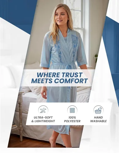 Vista 4 de Casual Nights Conjunto de bata y camisón de satén de 2 piezas para mujer Bordado Azul