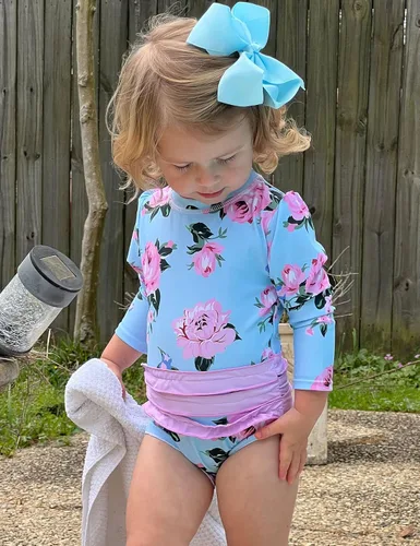 Vista 2 de UNICOMIDEA Traje de baño de manga larga con volantes UPF 50+ de una pieza para niñas de 3 a 24 meses