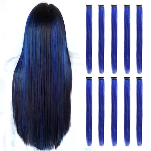 Vista 16 de Extensiones de cabello negro con clip, 10 piezas de 22 pulgadas de largo, rectas de colores lisos, accesorios sintéticos, extensiones con clip