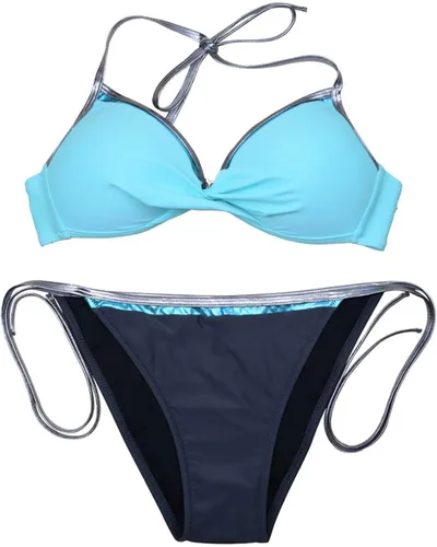 Vista 2 de Two Piece Women Swimsuits Sexy Halter String Swimwear Suit Backless Triangle Bikini Set Lace Up Halter Tankini Solid